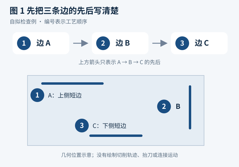 原创选边顺序示意:编号1对应上侧短边A,编号2对应右侧竖边B,编号3对应下侧短边C;上方箭头表示A到B到C的工艺顺序,未绘制实际刀具连接轨迹。