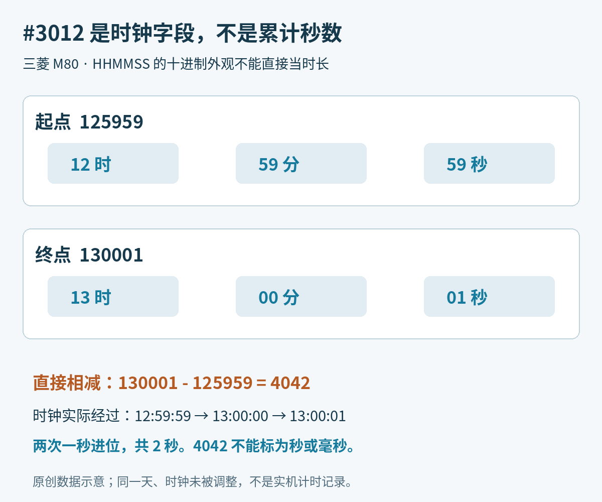 三菱M80系统变量3012的HHMMSS字段拆分，125959表示12时59分59秒，130001表示13时00分01秒，直接减得4042而实际经过2秒