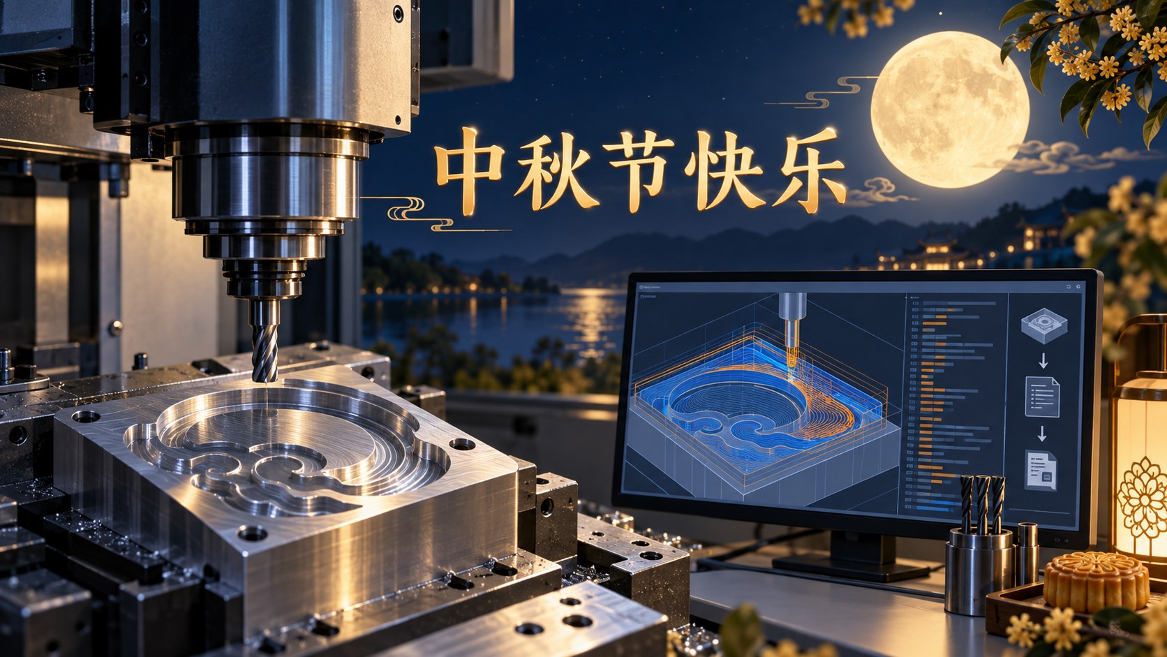 中秋节快乐：月夜下的数控铣削现场与 Mastercam 后处理流程示意