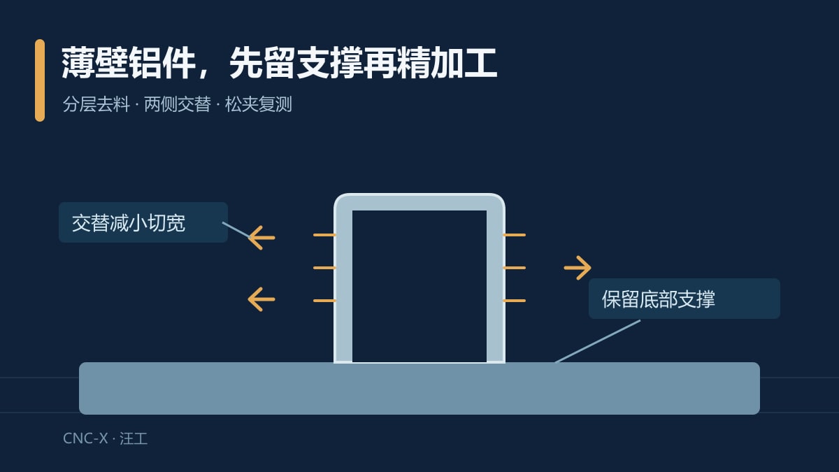 薄壁铝件保留底部支撑并从两侧交替去料的示意